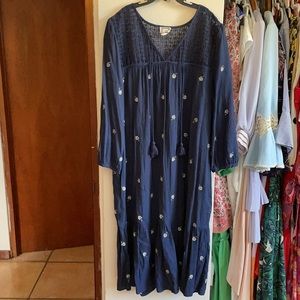Mo:vint Boho Navy Blue Dress Tassels Eyelet L